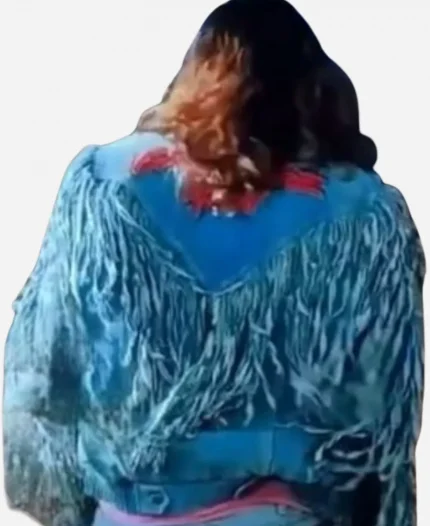 Garett Garrison A Minecraft Movie 2025 Jason Momoa Blue Fringe Denim Jacket