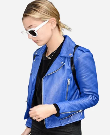 Hailey Baldwin Motorcycle Blue Leather Jacket For Sale