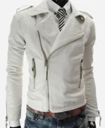 Men’s Biker Style Asymmetrical Zipper Slim Fit White Jacket