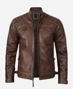 Men's Quilted Shoulder Brown Biker Jacket