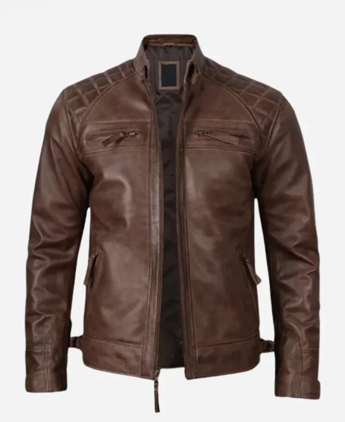 Men's Quilted Shoulder Brown Biker Jacket