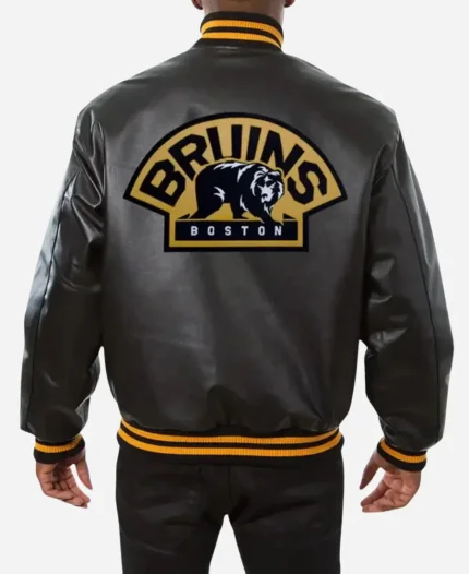 NHL Boston Bruins Black Leather Bomber Varsity Jacket