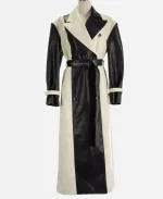 Selena Gomez Belted Black and White Leather Trench Coat