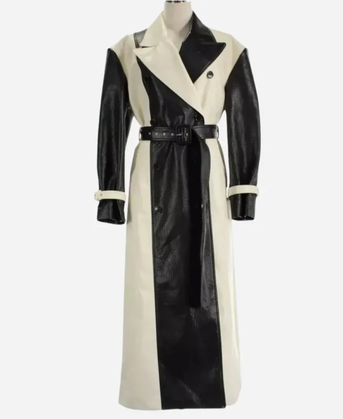 Selena Gomez Belted Black and White Leather Trench Coat