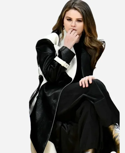 Selena Gomez Black and White Leather Coat