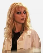 Thomasin Mckenzie White Leather Coat