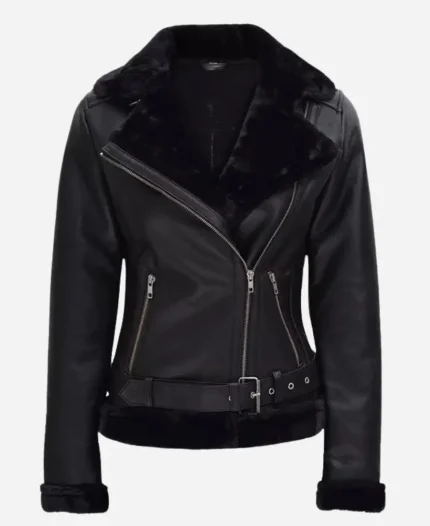 Women’s Black Asymmetrical Shearling Leather Jacket