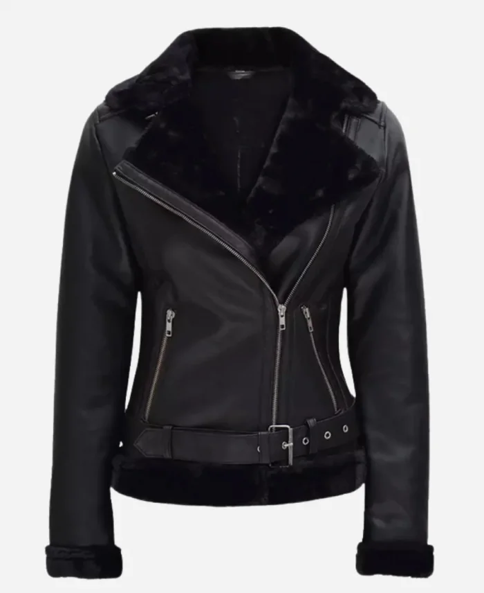 Women’s Black Asymmetrical Shearling Leather Jacket