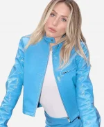 Alix Earle PFW 2025 Blue Leather Jacket