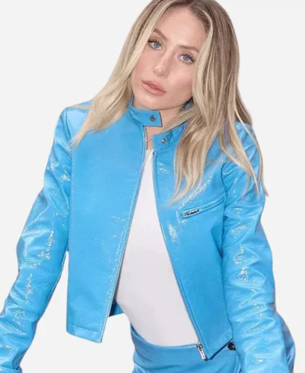 Alix Earle PFW 2025 Blue Leather Jacket