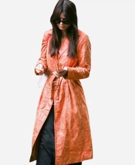 American Actress And Model Emily Ratajkowski Orange Leather Trench Coat