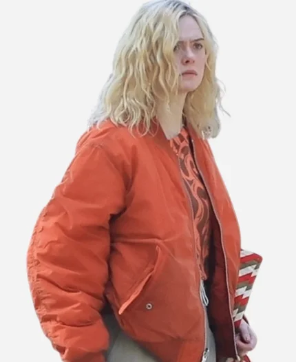 American Actress Elle Fanning 2025 Red Satin Bomber Jacket
