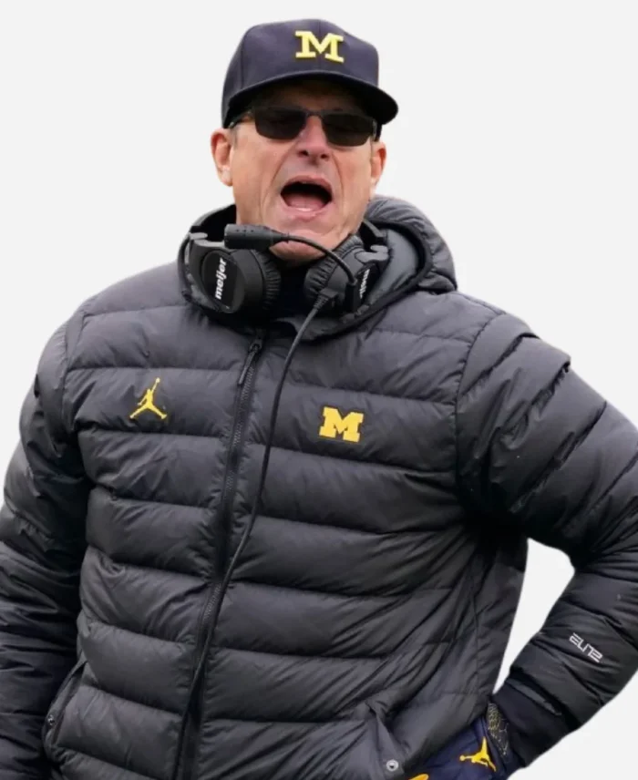 American Football Coach Jim Harbaugh Black Puffer Hooded Jacket
