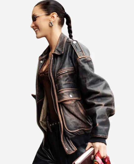 Bella Hadid Paris 2025 Distressed Leather Jacket