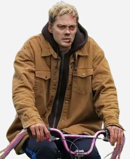 Bill Skarsgård Movie Locked 2025 Eddie Barrish Brown Cotton Jacket