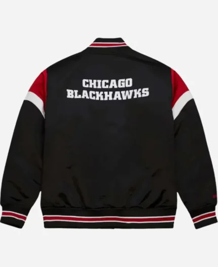 Chicago Blackhawks NHL 2025 Black Satin Varsity Bomber Jacket