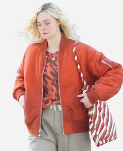 Elle Fanning 2025 Red Bomber Jacket