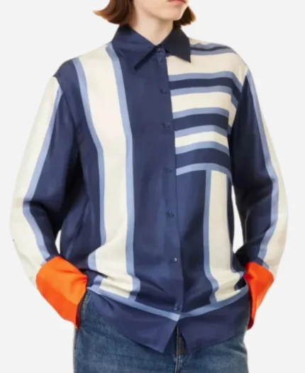Eva Longoria Tv Series Searching for Spain Season 01 Eva Longoria Striped Silk Blouse