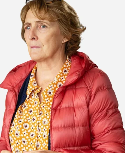 Fiona Shaw Tv Series Bad Sisters 2024 Angelica Collins Red Puffer Hooded Jacket