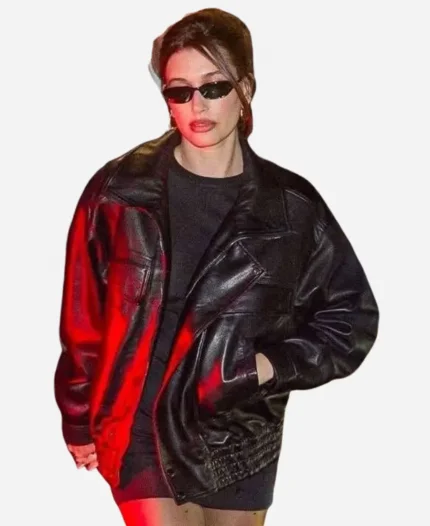 Hailey Bieber Paris Fashion Week 2025 Oversized Black Leather Jacket