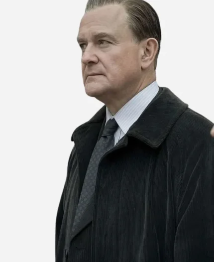 Hugh Bonneville The Gold 2023 Brian Boyce Grey Corduroy Coat
