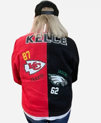 Jason And Travis Kelce Mom Donna Kelce Super Bowl Red And Black Jean Jacket