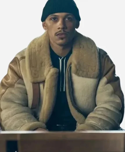 Jordan Bolger TV Series This Town 2024 Gregory Williams Brown Faux Fur Shearling Jacket