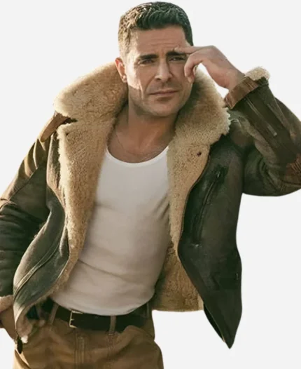 Kevin Von Erich Movie The Iron Claw 2023 Zac Efron Distressed Brown Shearling Leather Jacket