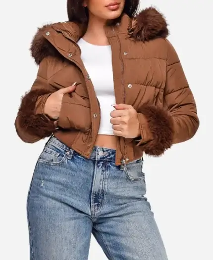 Liz Caribel Sierra Tv Series Dope Thief Season 01 Sherry Brown Faux Fur Trim Puffer Jacket