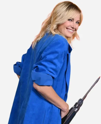 Malin Akerman Movie Novocaine 2025 Premiere Blue Suede Leather Trench Coat