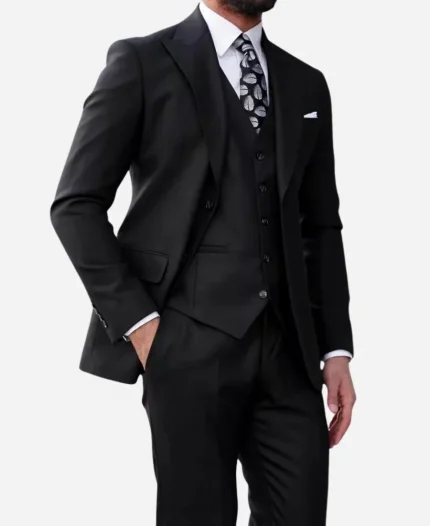 Men's 3 Piece Black Peak Lapel Suit