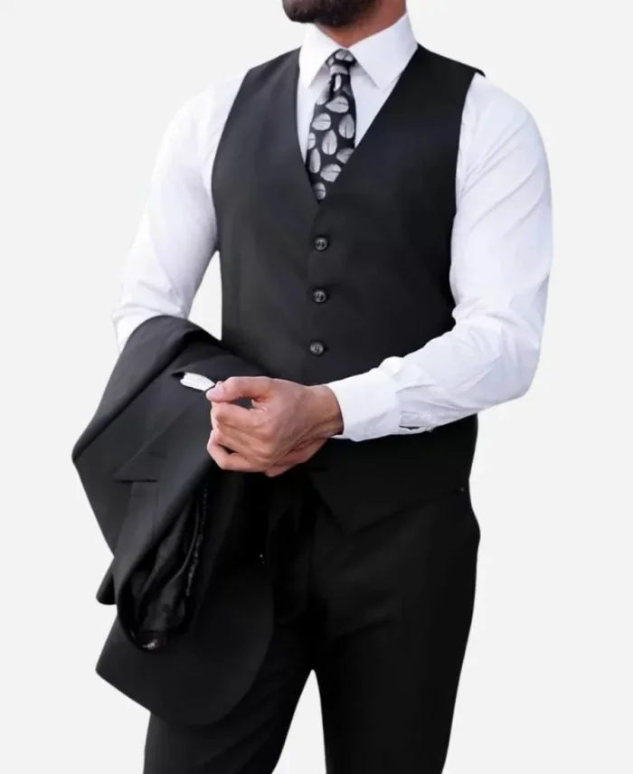 Men’s Black Peak Lapel Three Piece Tailored Fit Prom Suit For Sale