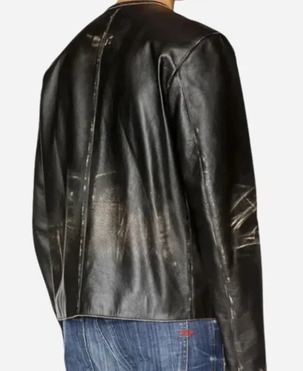Mens Diesel Distressed Black Leather Metal Logo Jacket 