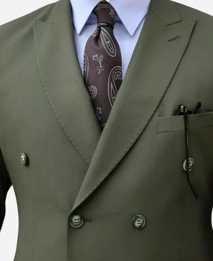 Men’s Green Two Piece Double Breasted Linen Suit For Sale