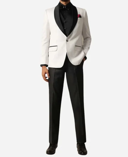 Men's One Button White & Black Three Piece Tuxedo For Sale