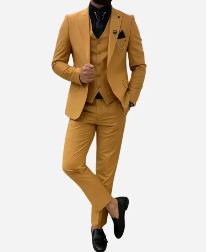Men's Peak Lapel Mustard Three Piece Suit