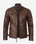 Mens Quilted Shoulder Coffee Brown Biker Leather Jacket