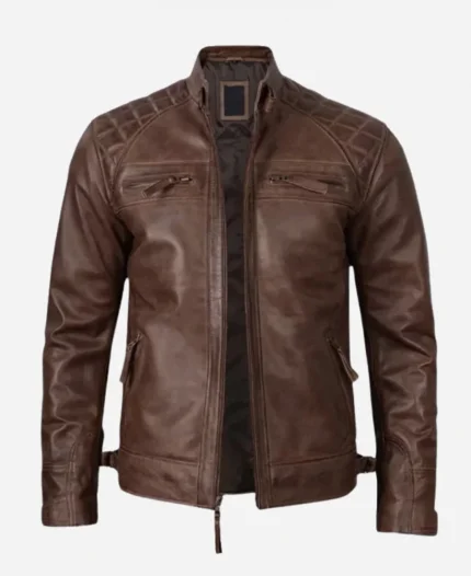 Mens Quilted Shoulder Coffee Brown Biker Leather Jacket