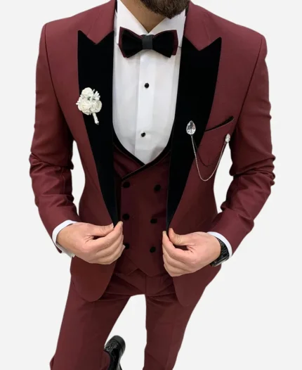 Men's Slim Fit 3 Piece Burgundy Suit