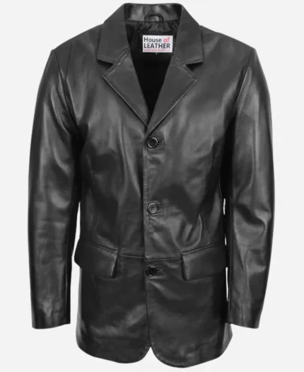 Mens Three Button Black Leather Blazer