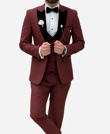 Men's Three Piece Burgundy Tuxedo Suit