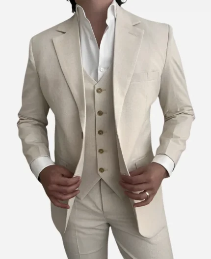 Men's Three Piece Cream Linen Suit