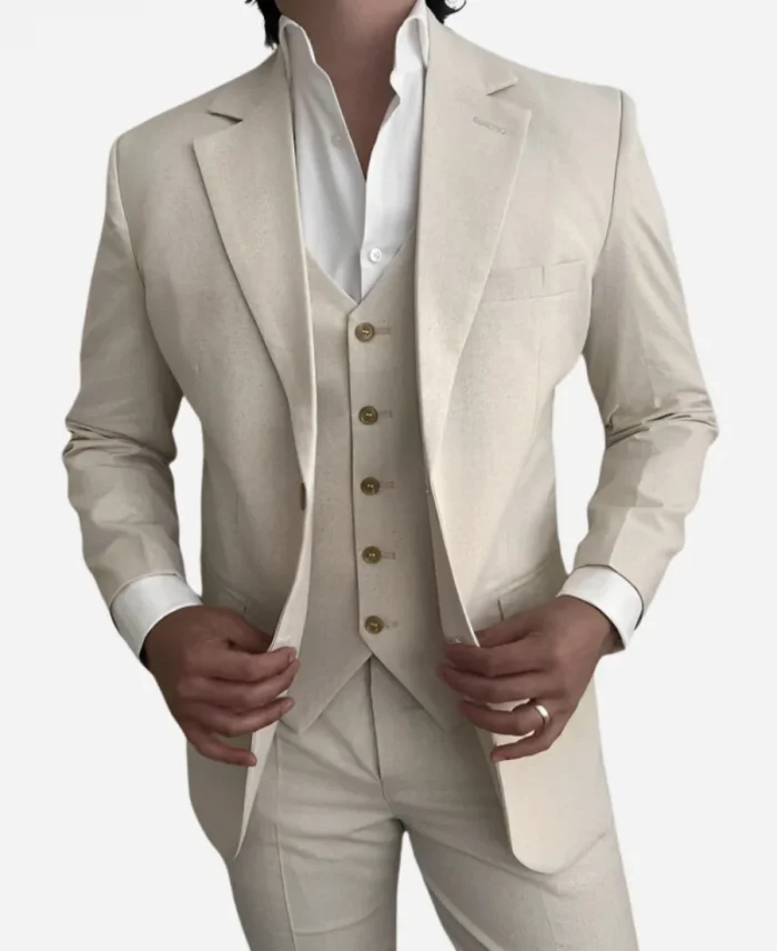 Men's Three Piece Cream Linen Suit