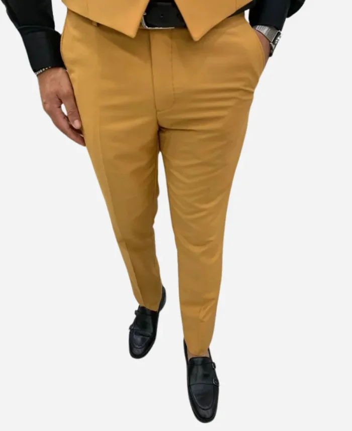 Men's Three Piece Peak Lapel Slim Fit Mustard Suit For Sale