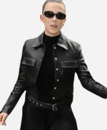 Millie Bobby Brown London Street Style 2025 Black Leather Jacket