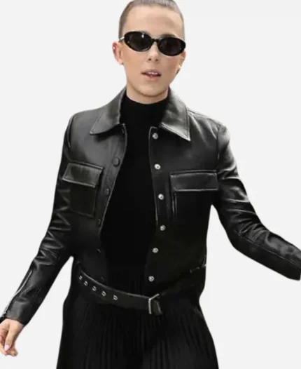 Millie Bobby Brown London Street Style 2025 Black Leather Jacket