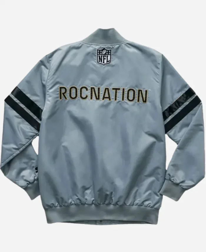 NFL Super Bowl LIX 2025 Roc Nation Grey Satin Bomber Jacket For Sale