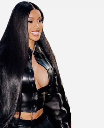 NYC 2025 Cardi B Black Cropped Leather Jacket For Women's