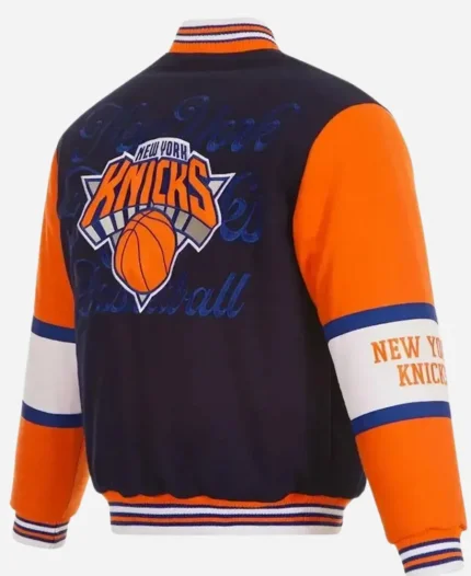 New York Knicks Navy and Orange Varsity Wool Jacket For Sale