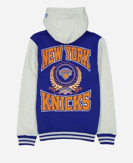 New York Knicks Throwback Prep Hooded Blue Varsity Jacket For Unisex